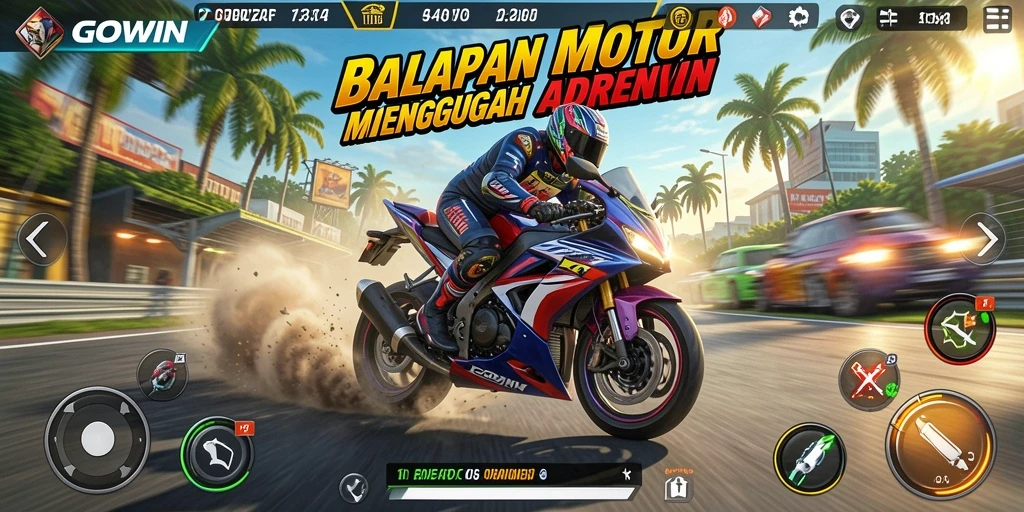Gameplay mendebarkan dalam GOWIN dengan balapan motor cepat.