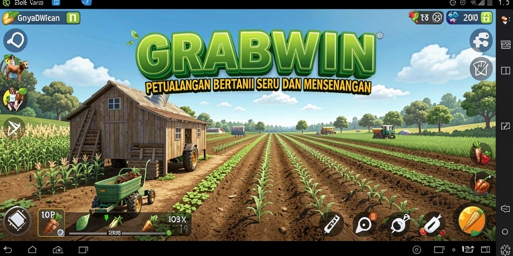 Screenshot gameplay GRABWIN menampilkan suasana kebun yang indah.
