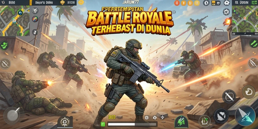 Screenshot utama JARUM77 menampilkan momen pertempuran Battle Royale yang seru.