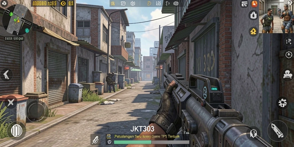 Screenshot utama JKT303 menampilkan pertempuran intens dalam mode TPS.