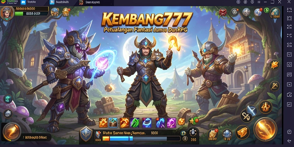 Screenshot utama KEMBANG777 menampilkan pertarungan intens antara karakter dan monster.