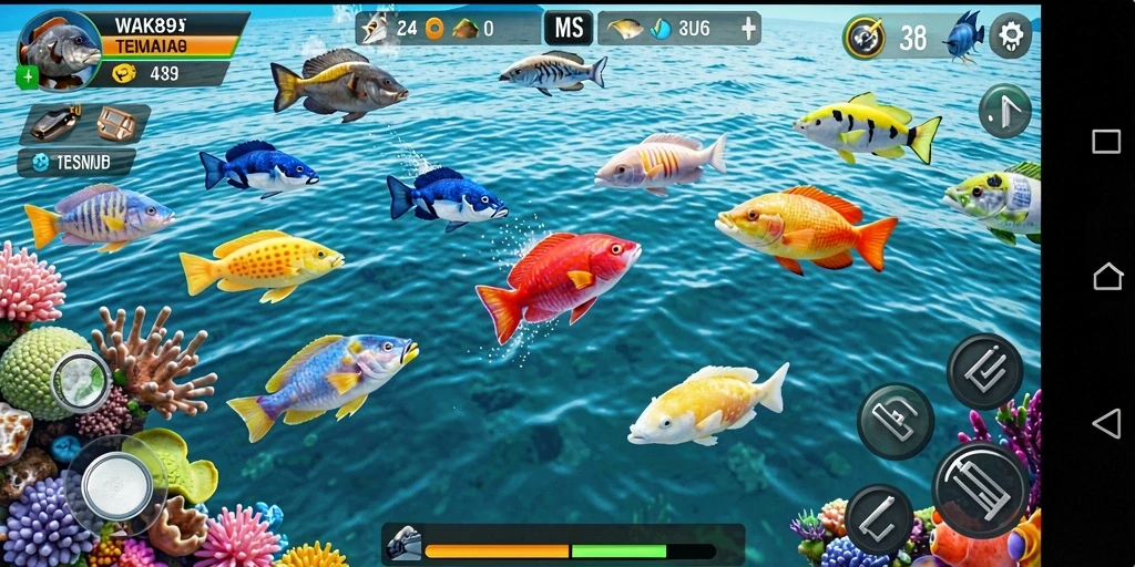 Tampilan gameplay memukau dari WAK89 dengan ikan berwarna-warni.